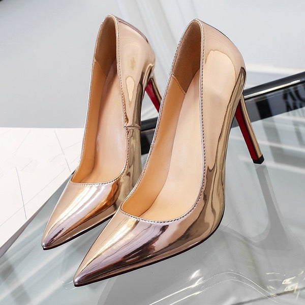 Spring Autumn New Pointed Toe High Heels Patent Leather Stiletto Pumps Silver Wedding Banquet Shoes Professional Women X0000