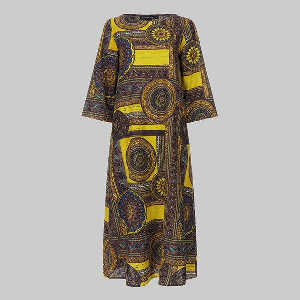 Vintage Print Linen Long Casual Loose 3/4 Sleeve African Maxi Dress Sarafans Party Vestidos Kaftan Mujer Maxi Dress By Celmia Apparel