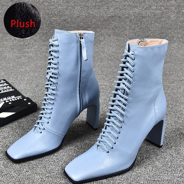 Women Leather Boots Fashion High Heels Shoes Winter Lace Up Woman Boots Square Toe Ankle Boots Female Shoes Heels