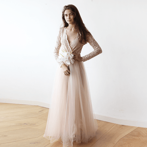 Blush Fashion Pink Long-Sleeve Lace Bodice V-neckline Finest Silk Tulle and Lace Long Sleeve Maxi Dress #1125