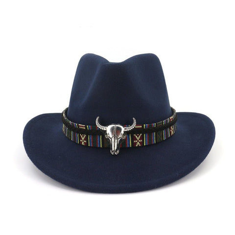 Wide Brim Western Cowboy Jazz Hat Cap Men Women Wool Felt Fedora Hats Ribbon Metal Bullhead Decorated Black Panama Cap