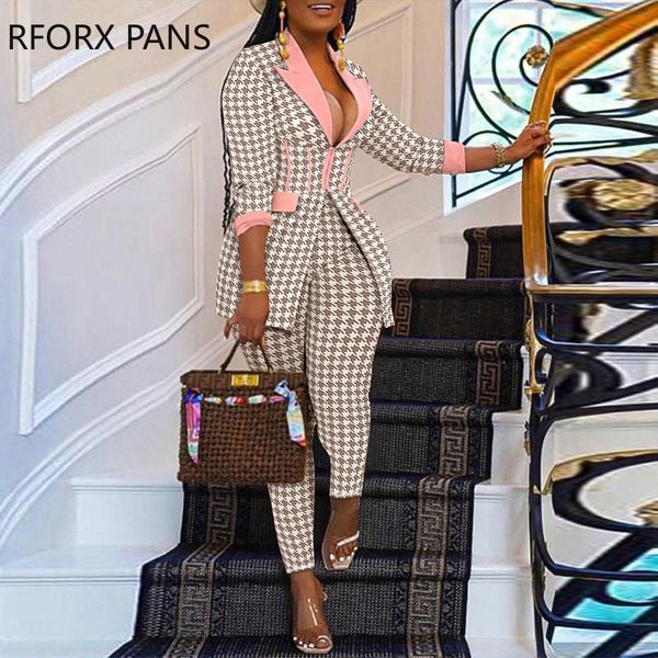 Women's Chic Elegant Hound's-Tooth 3/4 Sleeve Zip Front Detail Elastic Waistband Ankle-Length Springtime Office Ladies Two Piece Blazer Set By RFORX PANS