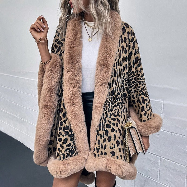 Winter Warm Poncho Fur Collar Cape Vintage Leopard Cardigan Batwing Sleeve Shawl