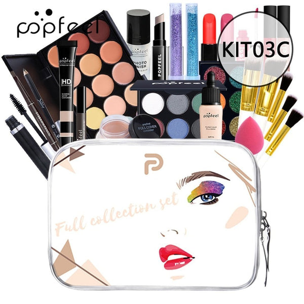 POPFEEL KIT003C thru 004 All in One Professional Salon Quality Beauty Essentials Make-up Set Eyeshadow Lip gloss Lipstick Eyebrow Pencils Mascara Concealer Foundation Cosmetic Brush Set With Bag