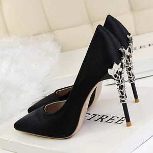Elegant Metal Carved Heels Women Pumps 2019 High Quality Fashion Sexy Silk High Heels 13 Color /10cm Shoes Woman Wedding Shoes