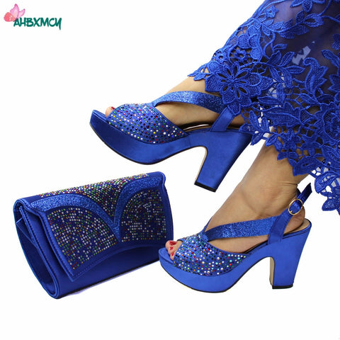 Latest Sexy Women High Quality Italian Ladies Shoes and Bag Set in Royal Blue Color With Shinning Crystal for Wedding