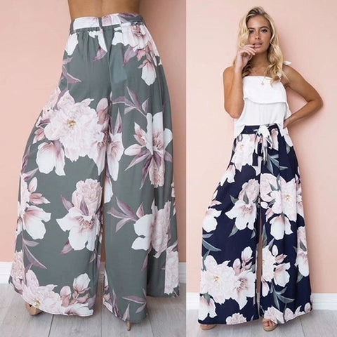 Casual Women's Loose Pants Y2K Floral Printed Palazzo Pants High Waist Lace Up Wide Leg Casual Female Long Trousers Boho Trousers
