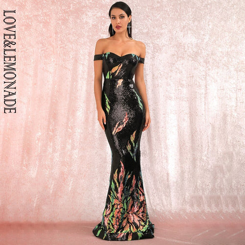 LOVE & LEMONADE Sexy Tube Top Off The Shoulder Shimmering Sequins Variegated Black/Green/Gold Floral Motif Fishtail Shape Trumpet/Mermaid Cocktail Party Maxi Dress