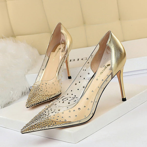 BIGTREE 8.5cm High Heel Wedding Bridal Pumps Crystal Diamond Fetish Fashion Heels Escarpins Transparent Shoes