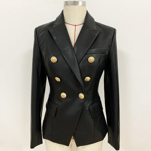 Newest Fall Winter 2021 Designer Blazer Jacket Women's Lion Metal Buttons Double Breasted Synthetic Leather Blazer Overcoat