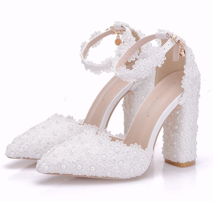 Sexy Pointed Toe Pumps Lace Flower High Heels Sandals Women White Wedding Shoes Party Pearl Ladies Bridal Shoe Zapatos Mujer