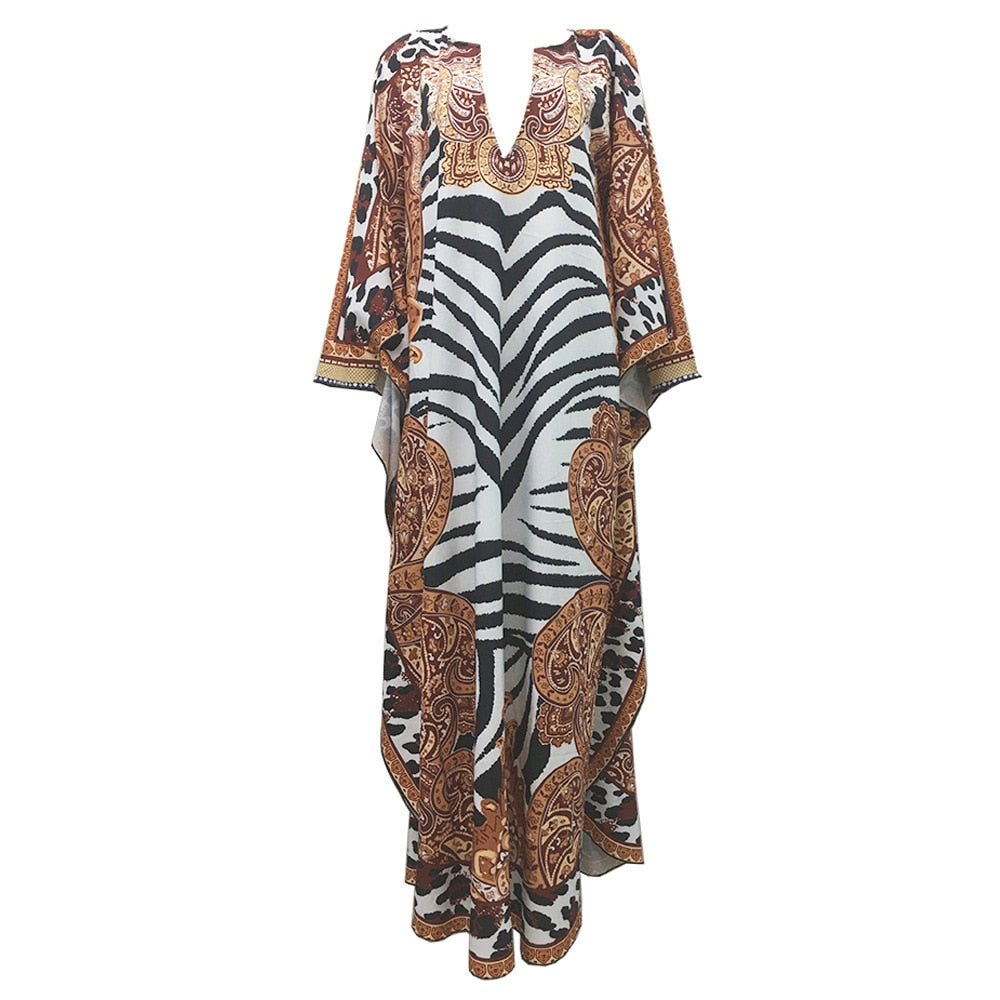 African Dresses for Women Plus Size Zebra Printed Dashiki Elegant Ladies Gown Muslim Abaya Kaftan Bat Wing Sleeve V-Neck Robes Maxi Dress