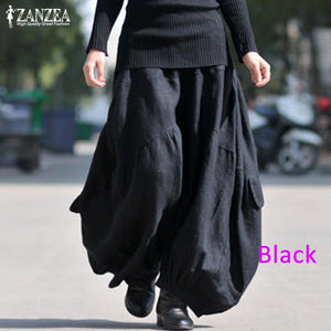 ZANZEA Plus Size Cargo Pants Women Kaftan Wide Leg Trousers Cotton Linen Pantaloon Palazzo Female Elastic Waist Drop Crotch Pants