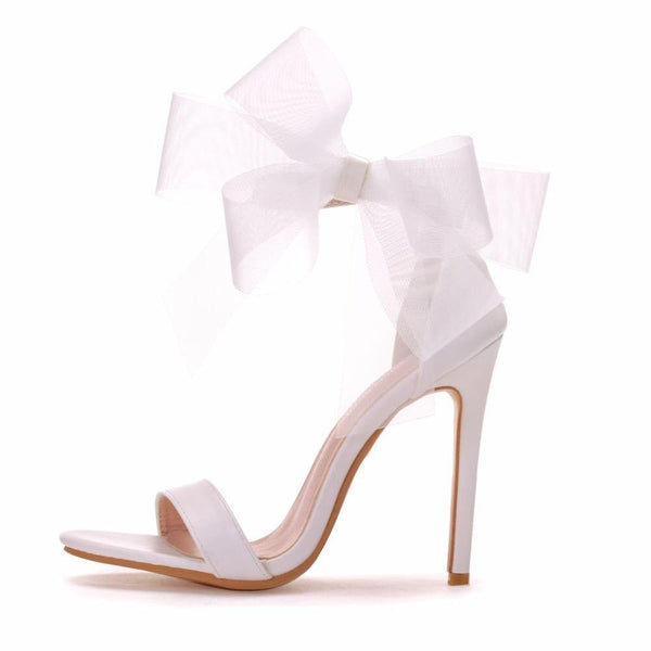Women's Sweet Big Bow Knot Elegant Ankle Strap Party Stiletto High Heels White Wedding Shoes Open Toe Pumps