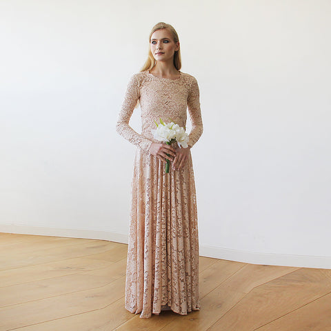 Blush Fashion Round Neckline Long Sleeve Lace Bodice Trendy Maxi Pink Lace Wedding/Bridal Gown #1147