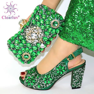 New Hot New Fashion Italian Shoes With Matching Bags Wedding Shoe Bag Set Rhinestone Jeweled Party Pumps With Bag High Heels