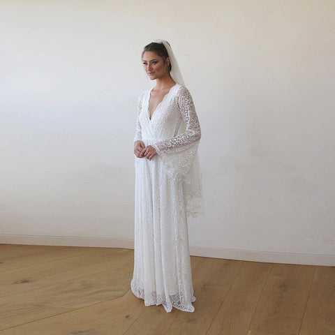 Blush Fashion Ivory Lace On Lace Deep V-neckline Boho Bell Sleeves Maxi Wedding Gown #1167