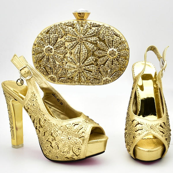 Latest Design African Wedding Shoes and Bag Set Decorated With Rhinestone Italian Shoes With Matching Bags Pumps Women Shoes