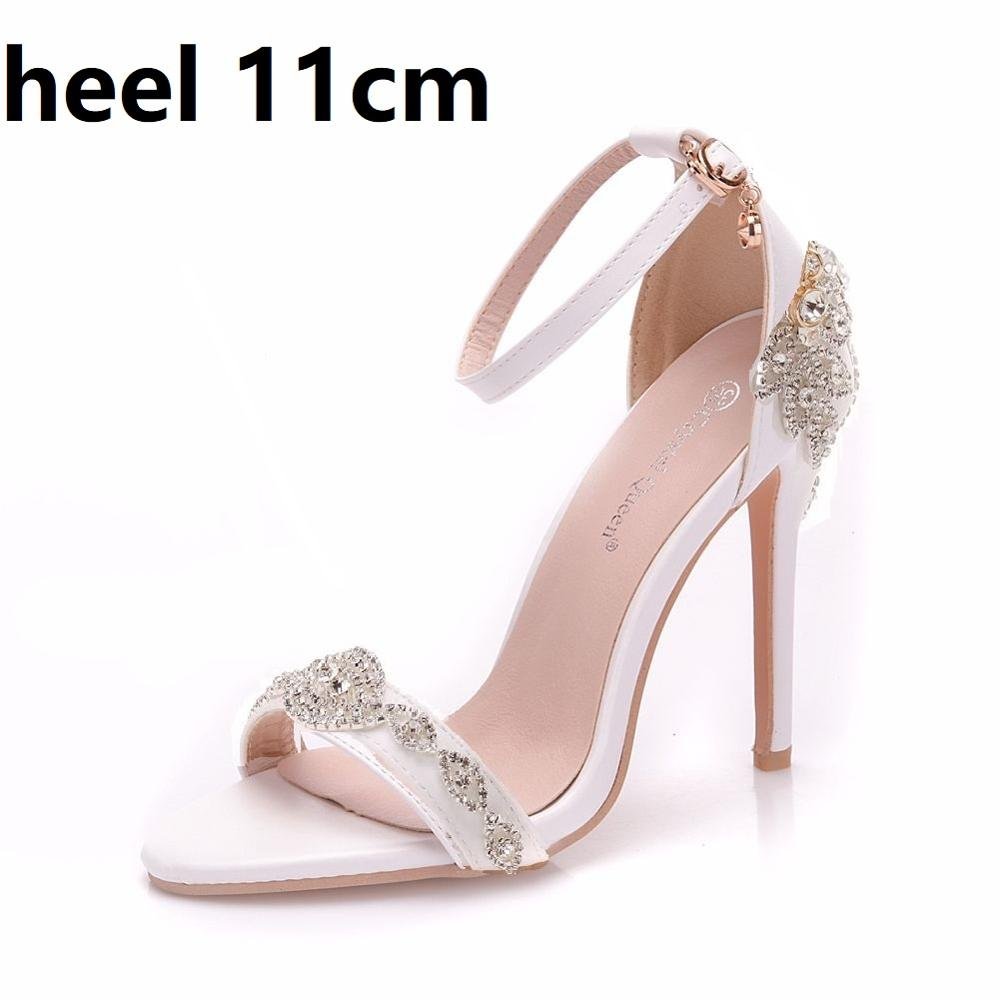 Crystal Queen Women's Sandals Summer High Heels Peep Toe Ankle Straps Bridal Pumps Party Luxury Diamond Lady White Wedding Shoes