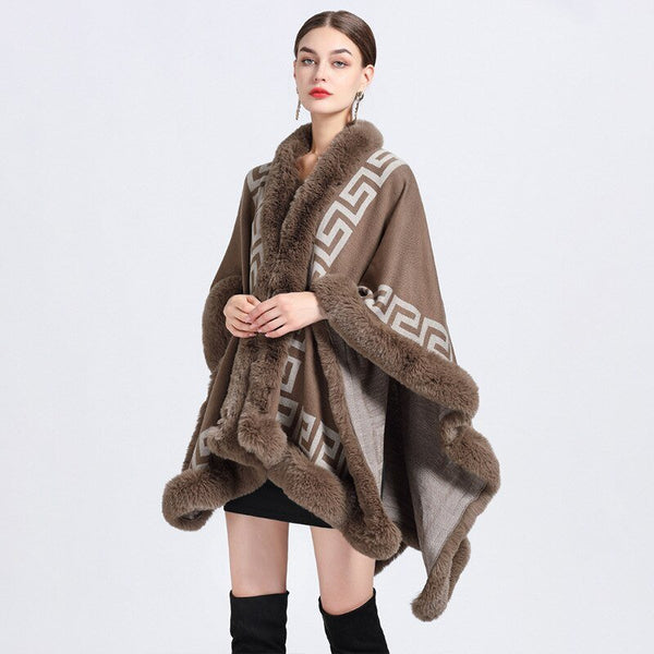 4 Colors Winter Warm Long Printed Striped Poncho Cape Cashmere Loose Shawl Cloak Women Faux Rabbit Fur Collar Big Pendulum Coat
