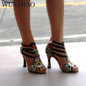 WUXIJIAO New Featured Print Dance Shoes for Women Latin Salsa Dance Boots Paty Ballroom Dance Shoes Women Shoes 9CM