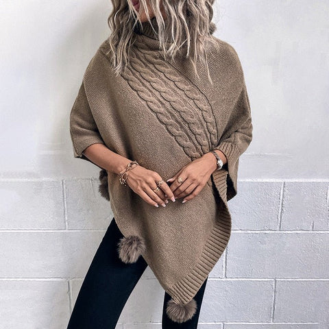 2022 Autumn Button Poncho Women Turtleneck Sweater Winter Oversized Jumper Knitwear Holiday Vintage Cape Batwing Sleeve Ponczo