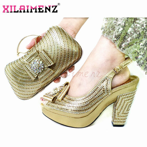 Latest Italian Spring Sandals Shoes and Bag to Match Set for Party Fashion Rhinestone Pumps Shoes and Bag Set in Dark Blue Color
