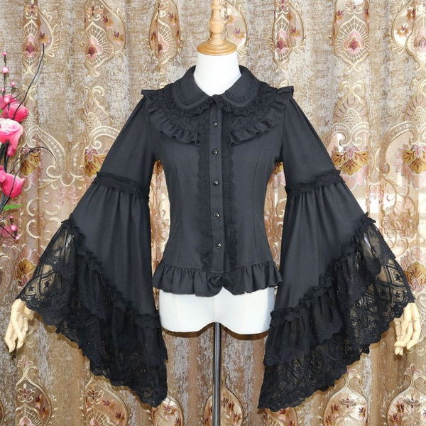 Retro Victorian Chiffon Blouse Long Flare Sleeve Ruffled White/Black Lolita Shirt