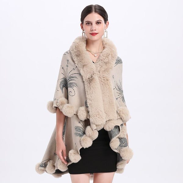 2021 Women Big Pendulum Jacquard Cloak Big Faux Fur Collar Two Layers Long Cardigan Coat Winter Thick Loose Fur Ball Poncho