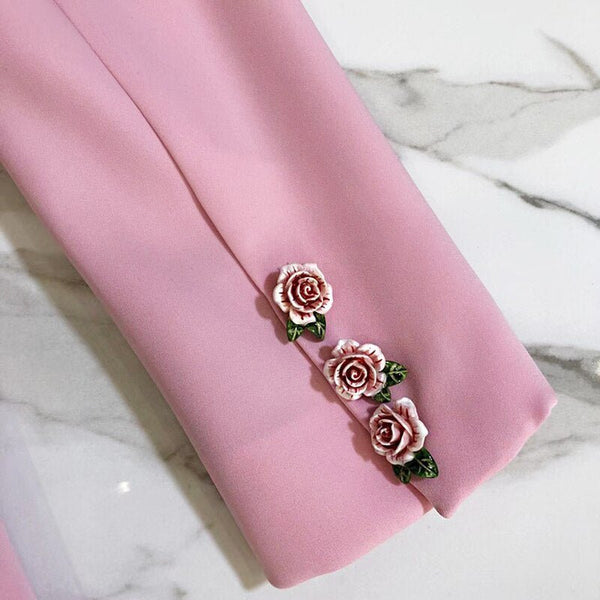 HIGH STREET Newest Fashion 2023 Designer Blazer Women's Long Sleeve Floral Lining Rose Buttons Pink Blazer Jacket By O'DRESSY