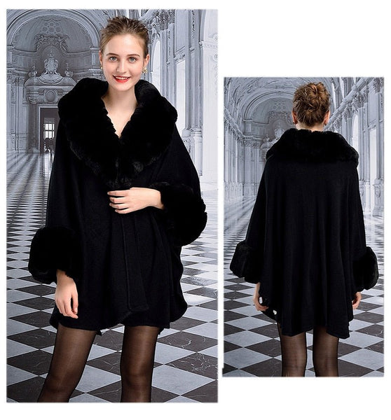 Women's Luxurious Elegant Plush Party Overcoat Cloak Winter Fat Wide Collar & Cuff Sleeves Imitation Rabbit Fur Fleece Satin Lined Cloak Poncho's