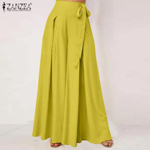 ZANZEA Spring/Autumn Solid Flare Trousers Elegant Wide Leg Pants Women's Casual High Waist Pleated Long Pantaloon Pants (Yellow)