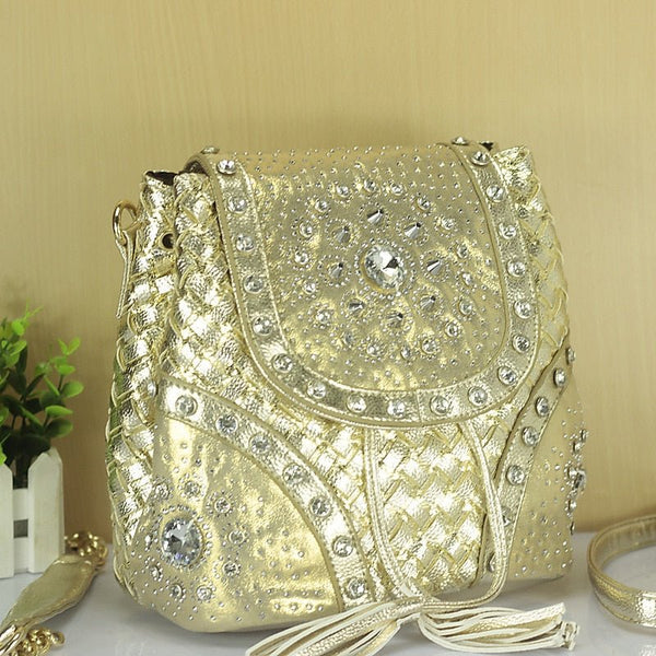 New For 2023 Designer Name Brand Rhinestone & Studs Jeweled Tassel Shoulder Bags Gold Chain Strap Detail Handbags Color Contrast Tote Bags Mochila