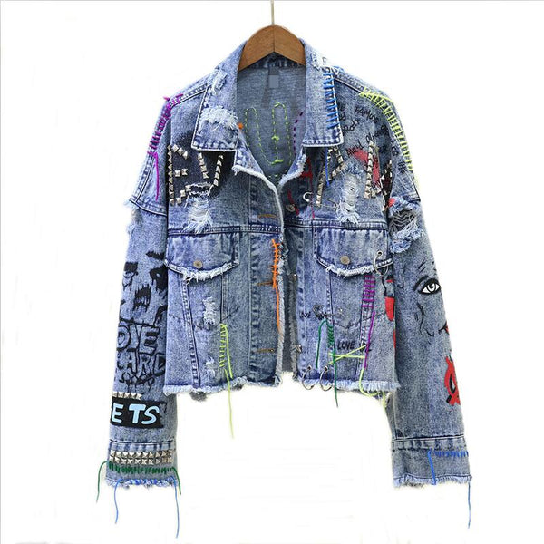 New For 2023 Designer Brand Name Rivets & Studs Women's Distressed Denim Jeans Jacket Spring/Autumn Graffiti Rivet Detail Denim Jeans Jacket Fashion Girl Outerwear
