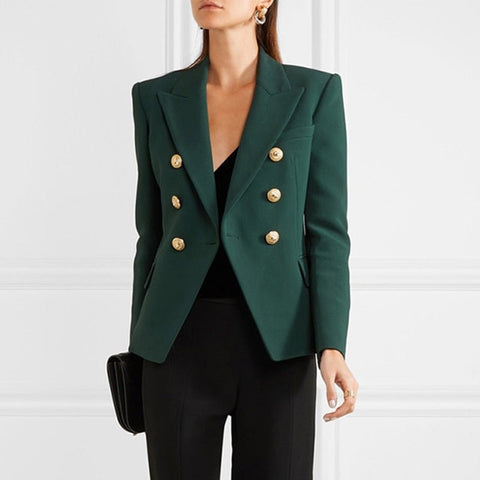 HIGH QUALITY Newest 2021 Designer Blazer Women's Long Sleeve Double Breasted Metal Lion Buttons Blazer Jacket Outer Dark Green