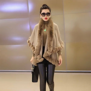Autumn Winter Women Sweaters Shawl Chic Knitted Poncho Cape Female Faux Fox