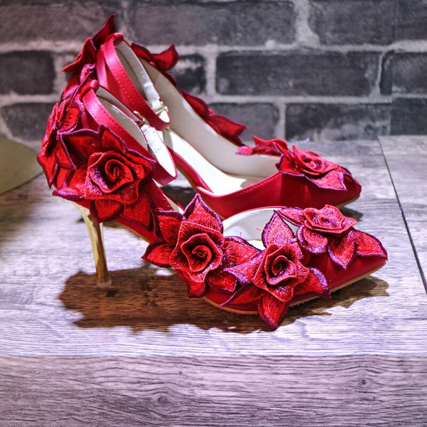 Womens Pointy Toe 3D Flowers Embroidery Stilettos High Heel Wedding Bridal Shoes Princess DIY Red Retro Vintage