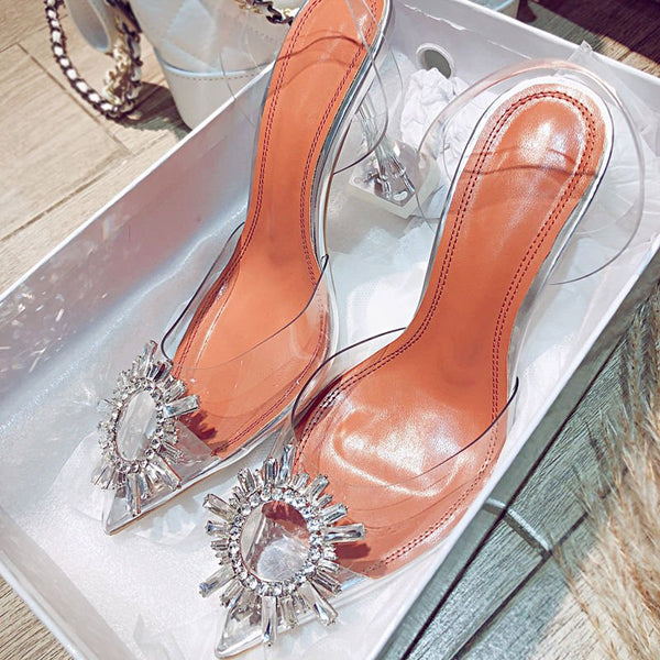 Women's Pumps Elegant Pointed Toe Rhinestones High Heels Wedding Shoes Crystal Clear Heeled Slingback Pumps Sandals Sexy Heels