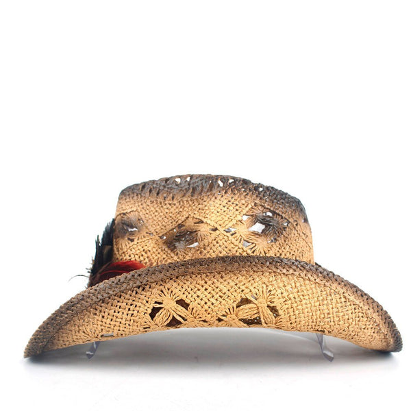 Women Straw Hollow Western Cowboy Hat Lady Handmade Peacock Feather Sombrero Hombre Beach Cowgirl Jazz Sun Hat Size 56-58cm