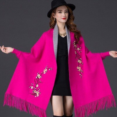 2022 Female Tassel Knitted Scarf Winter Embroidered Plum Blossom Poncho Women Long Sleeve Wrap Vintage Air Conditioner Cape