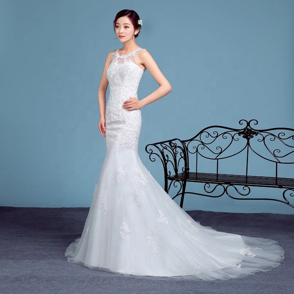 2021 Fashion Bride Wedding Dress Mermaid Lace Sleeveless Wedding Dresses With Long Tail