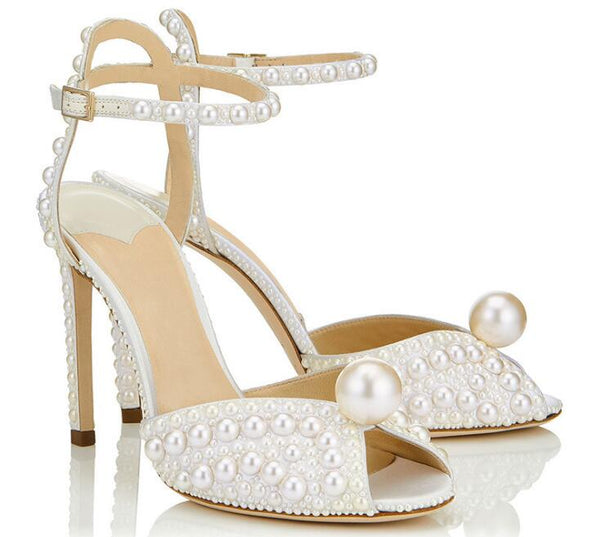 White Satin Sandals With All Over Pearls Sacora 100mm Pearl Embellished Pumps Ankle Strap Peep-Toe Sandal Wedding Shoes