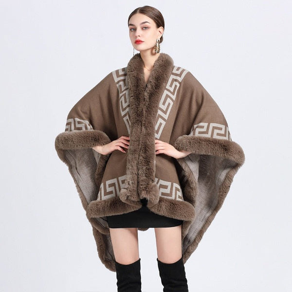 4 Colors Winter Warm Long Printed Striped Poncho Cape Cashmere Loose Shawl Cloak Women Faux Rabbit Fur Collar Big Pendulum Coat