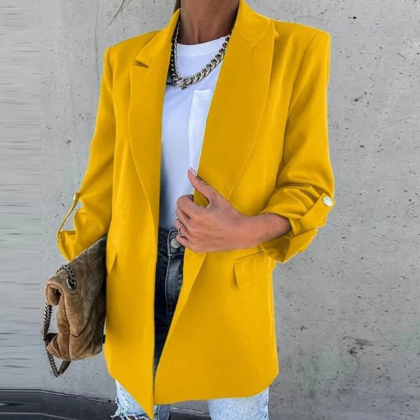 Women's Split Cuff Detail Blazer Jacket Fashion Long Casual Suit Solid Color Stand-Up Collar Female Blazer Elegant Office Ladies Blazer Coat