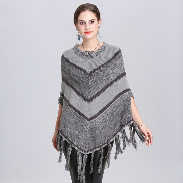 Cloak Shawl Tassel Striped Color Matching O-Neck Knitted Cape Poncho Shawl