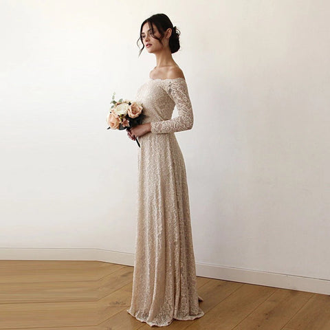 Blush Fashion Champagne Off-The-Shoulder Floral Lace Long Sleeve Luxurious Lycra Hand Made Maxi Wedding Dress #1119