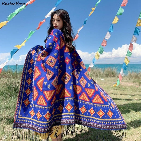 KHALEE YOSE Boho Pattern Knitted Cloak Floral Chic Vintage Autumn Winter Poncho
