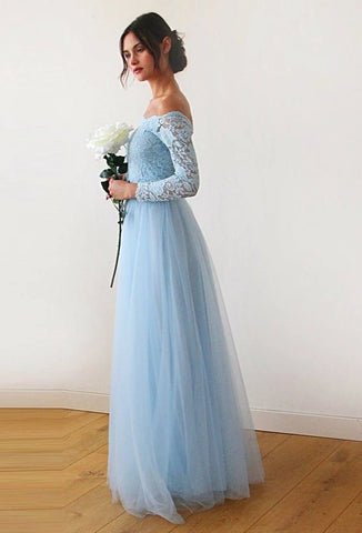 Blush Fashion Viscose Blend Lycra Fabric Light Blue Off-The-Shoulder Silk Tulle Maxi Gown #1134