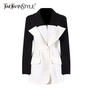 TWOTWINSTYLE Hit Colorblock Casual Blazer for Women Notched Long Sleeve Elegant Straight Blazers Female Spring Fashion Blazer