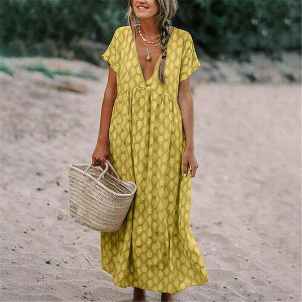 Women's Cotton Linen Deep-V Loose Fitting Short Sleeve Sweet Summertime Women's Long Maxi Boho Beach Dress